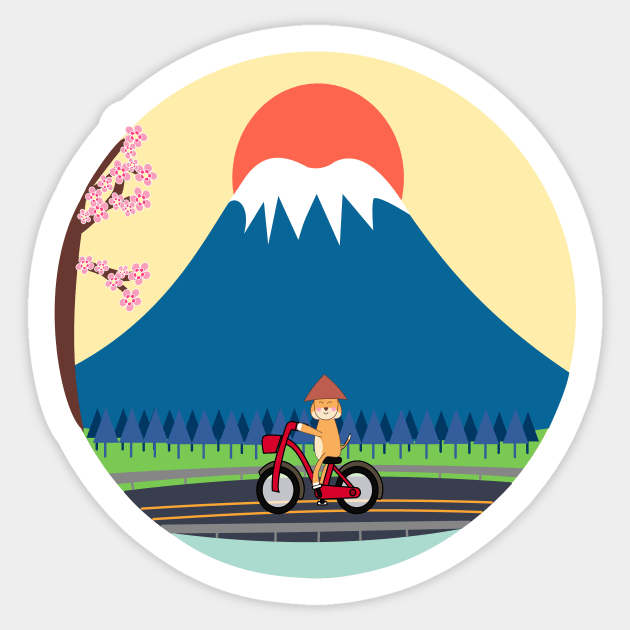 Kawaii Shiba Inu dog riding bicycle near Japanese Mt Fuji Sticker by Ralph Hovsepian